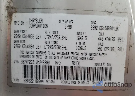 1998 Dodge Ram 2500 from USA, damaged, VIN 3B7KF26Z1WM242990